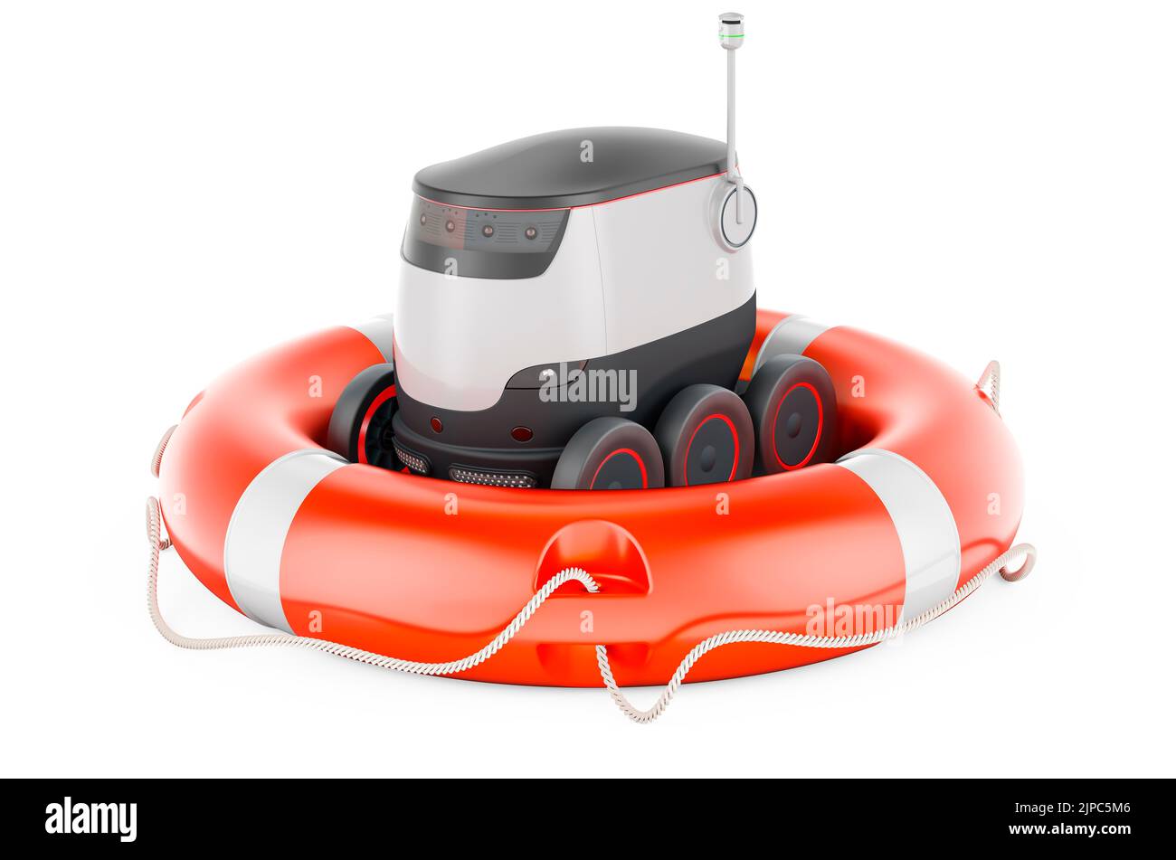 Autonomer Roboter mit Rettungsgurt, 3D Rendering isoliert auf weißem Hintergrund Stockfoto