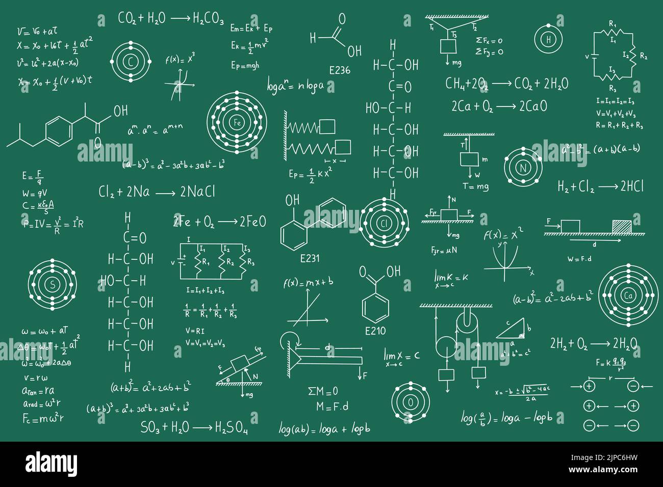 Kalkül-Gleichungen, Algebra, organische Chemie, chemische Reaktionen, chemische Elemente, Physik, geradlinige Bewegung, Statik, Elektromagnetismus, Frictio Stock Vektor