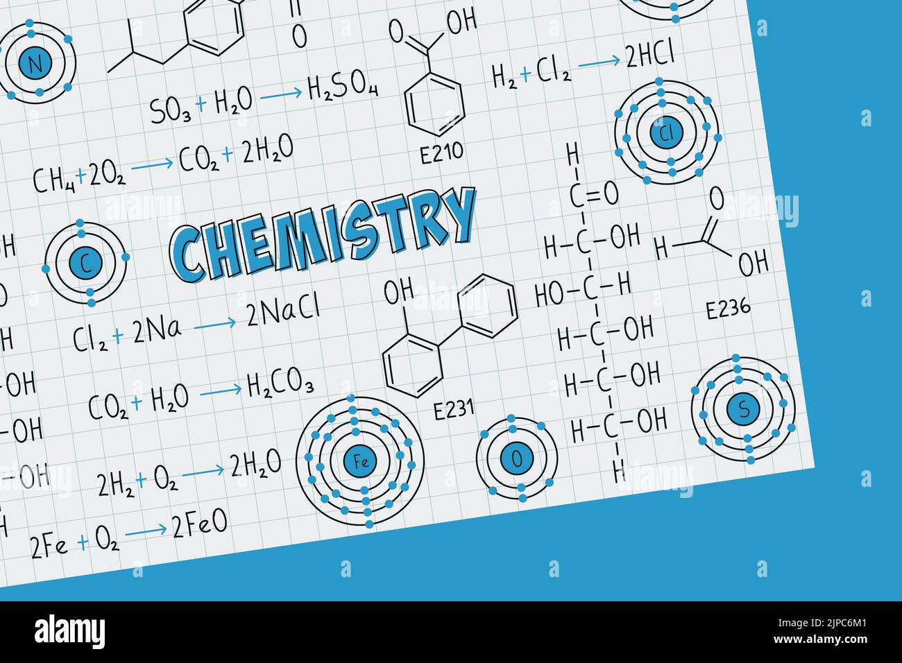 Übungsnotizen, chemische Formeln und Gleichungen, organische Chemie, chemische Reaktionen, Strukturformel, Atome chemischer Elemente, mit Gitter SHE Stock Vektor