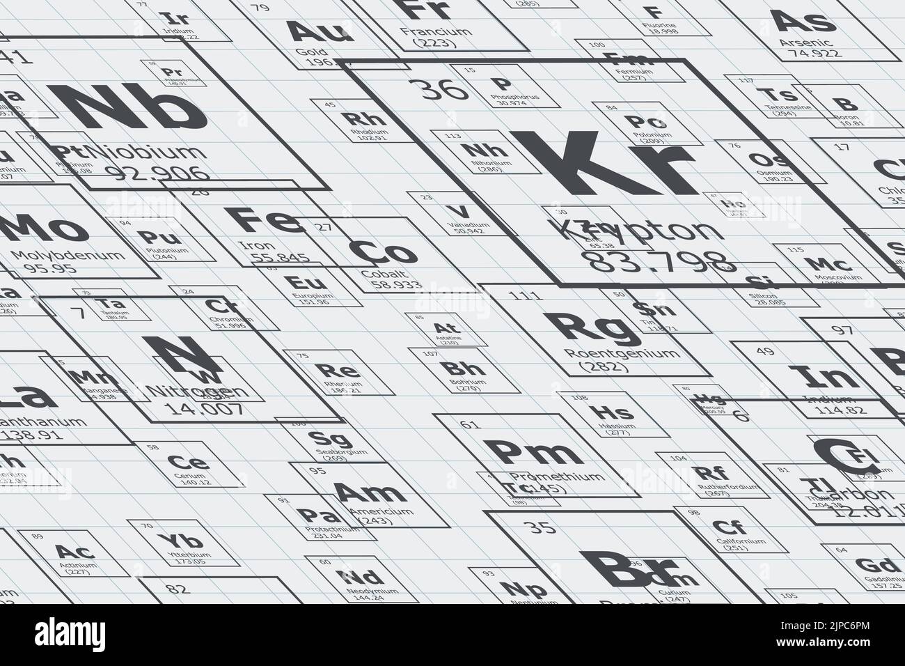 Hintergrund in Perspektive der chemischen Elemente des Periodensystems, Ordnungszahl, Atomgewicht, Name und Symbol des Elements auf einem Gitterblatt Stock Vektor