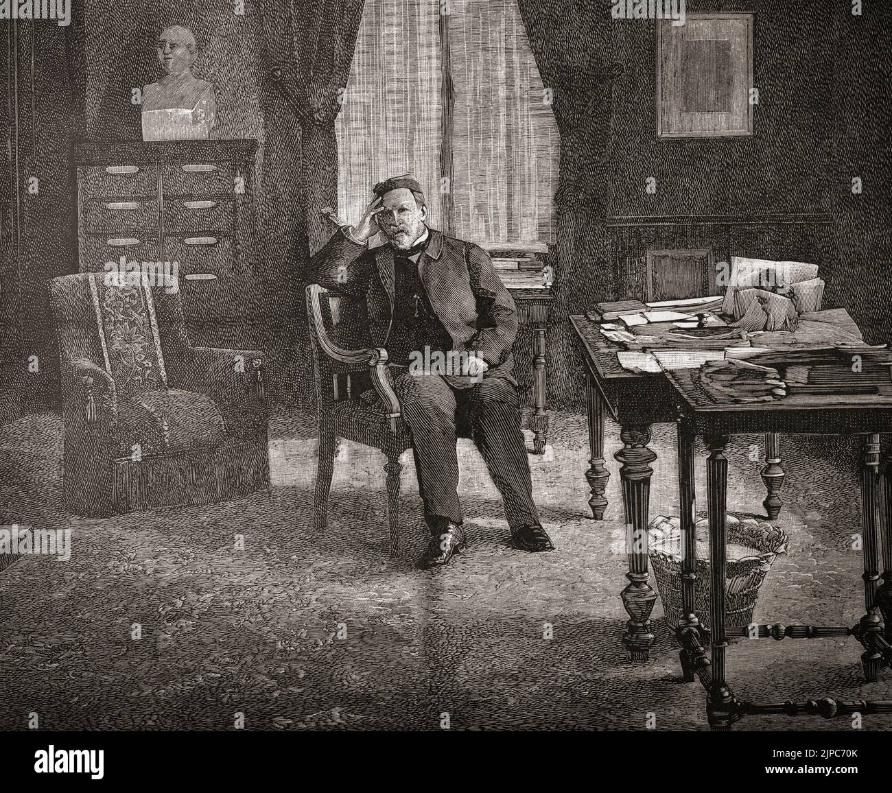 Louis Pasteur in seinem Büro am Pasteur-Institut, Paris. Louis Pasteur, 1822 - 1895. Französischer Chemiker und Mikrobioligist, der unter anderem Pasteurisierung und die Prinzipien der Impfung entdeckte. Er war auch ein früher moderner Verfechter der Keimtheorie von Krankheiten. Nach einer Illustration in einer Ausgabe von Scientific American von 1890. Stockfoto