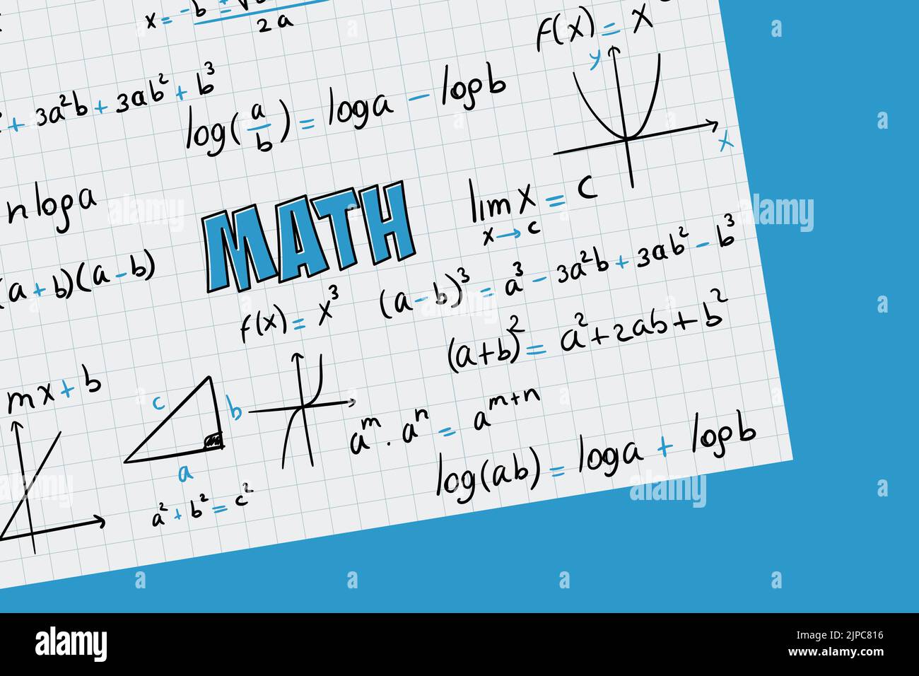 Mathematische Übungen, Formeln und Gleichungen für Kalkül, Algebra mit Gitterblatt und blauem Hintergrund Stock Vektor