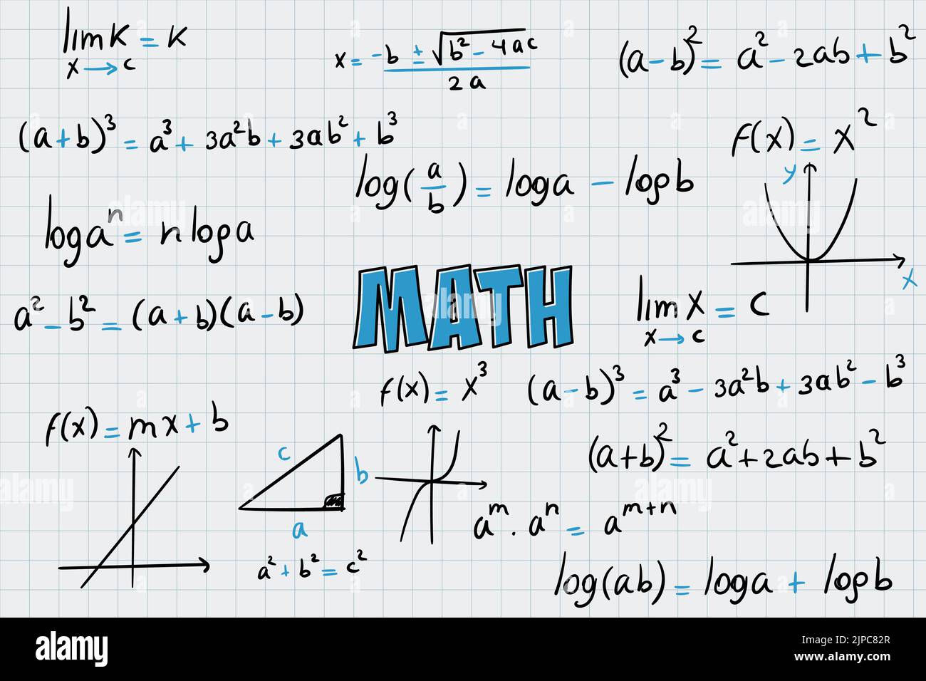 Mathematische Übungen, Formeln und Gleichungen für Kalkül, Algebra mit Rasterblatthintergrund Stock Vektor