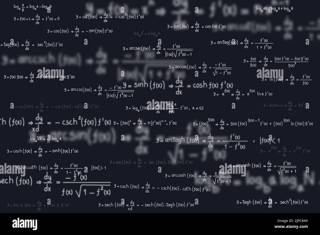 Gleichungen und Formeln von Logarithmen, Derivaten, trigonometrischen, logarithmischen, hyperbolischen und inversen auf schwarzem Hintergrund Stock Vektor