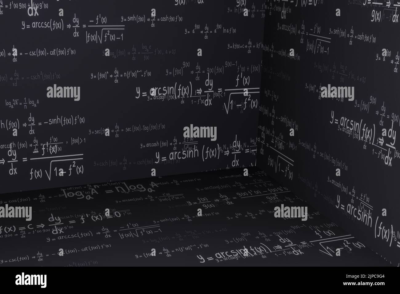 3D Hintergrund von Gleichungen und Formeln für Mathematik, Algebra, Logarithmen und Derivate, naturwissenschaftlicher und ingenieurwissenschaftlicher Hintergrund Stockfoto