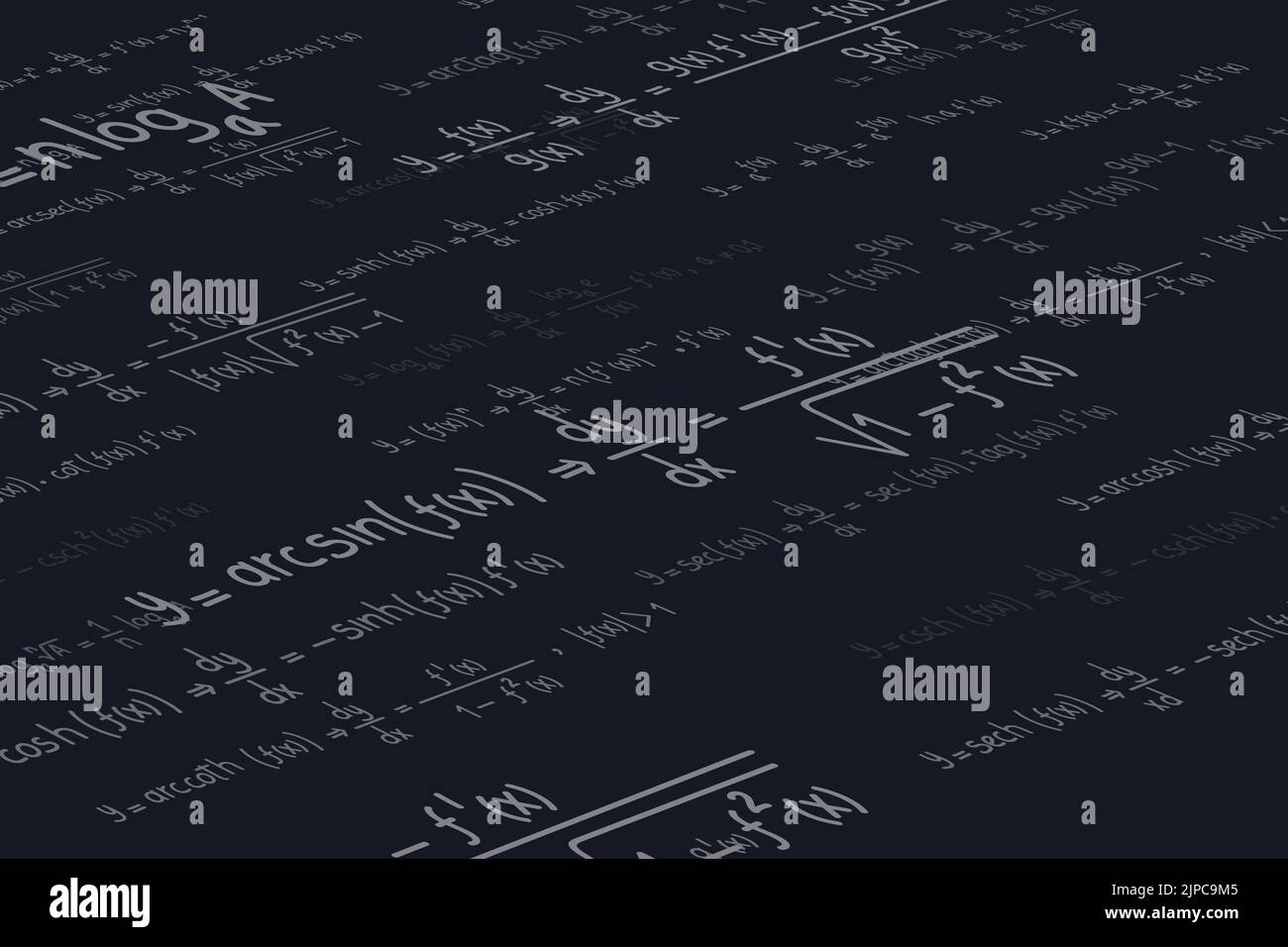 Logarithmische, derivative, trigonometrische, logarithmische, hyperbolische und inverse Gleichungen und Formeln auf schwarzem Hintergrund perspektivisch Stock Vektor
