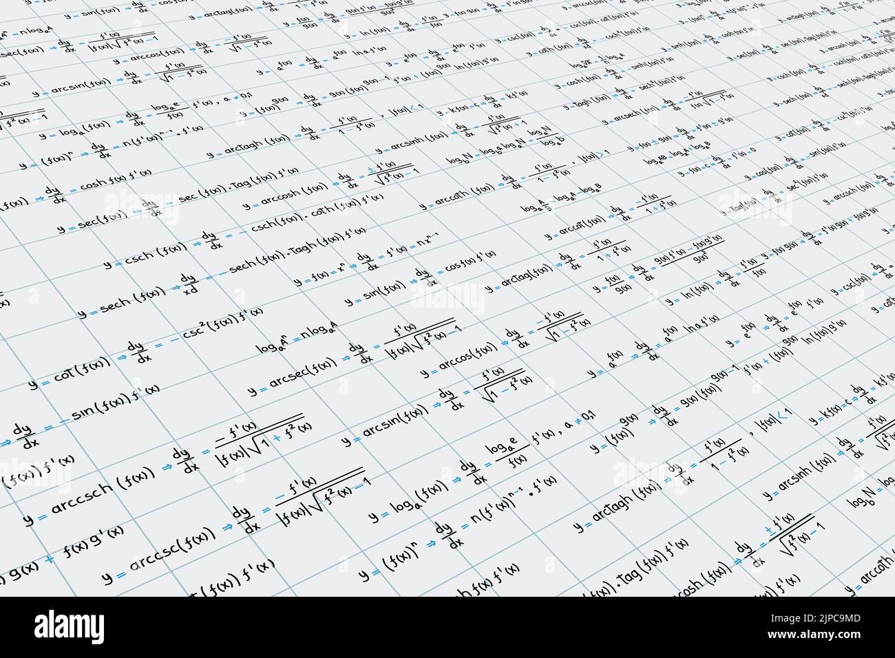 Logarithmische, derivative, trigonometrische, logarithmische, hyperbolische und inverse Gleichungen und Formeln auf dem Hintergrund des perspektivischen Gitters Stock Vektor