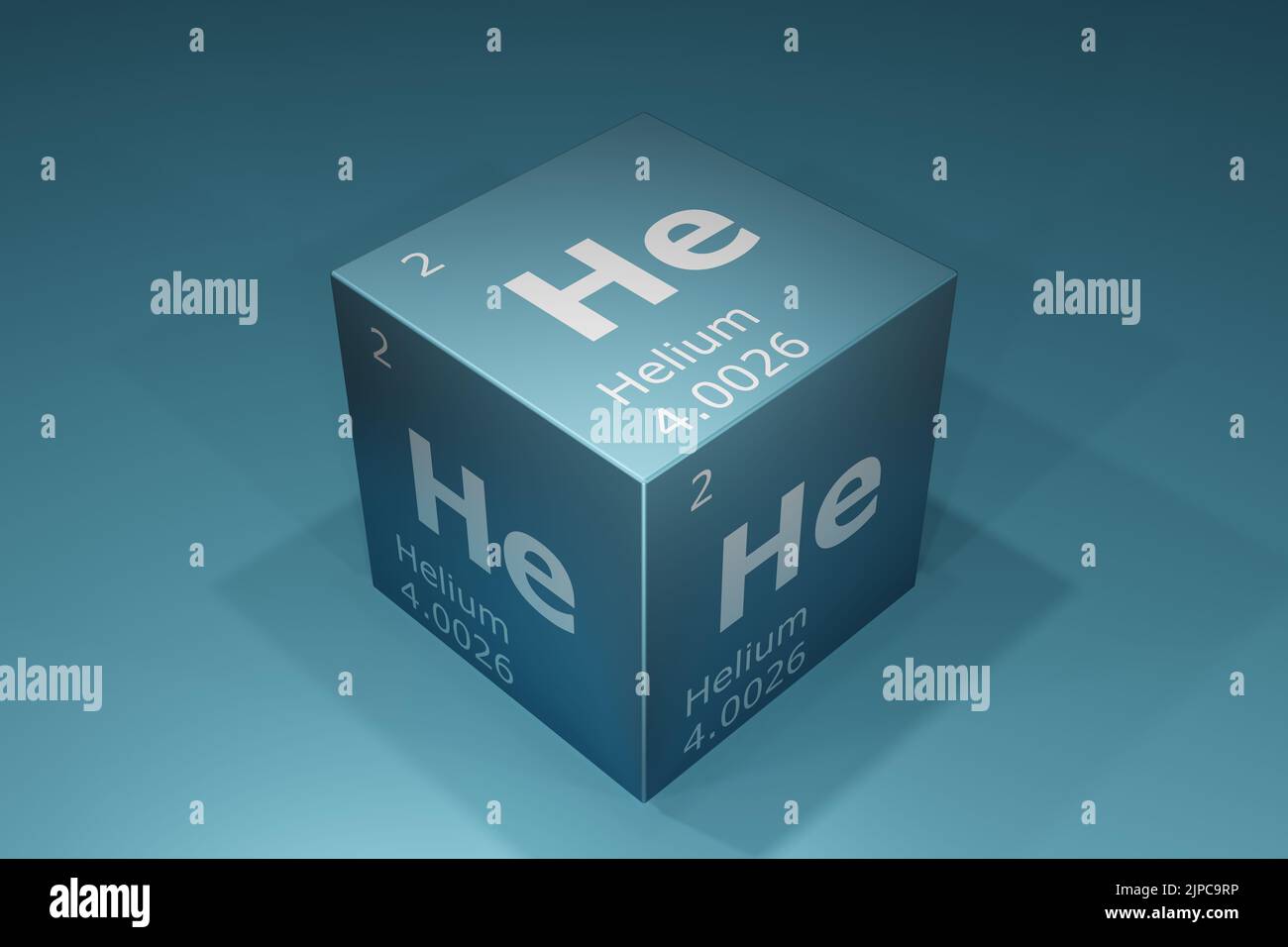 Helium, 3D Darstellung von Symbolen der Elemente des Periodensystems, Ordnungszahl, Atomgewicht, Name und Symbol. Bildung, Wissenschaft und Technik Stockfoto