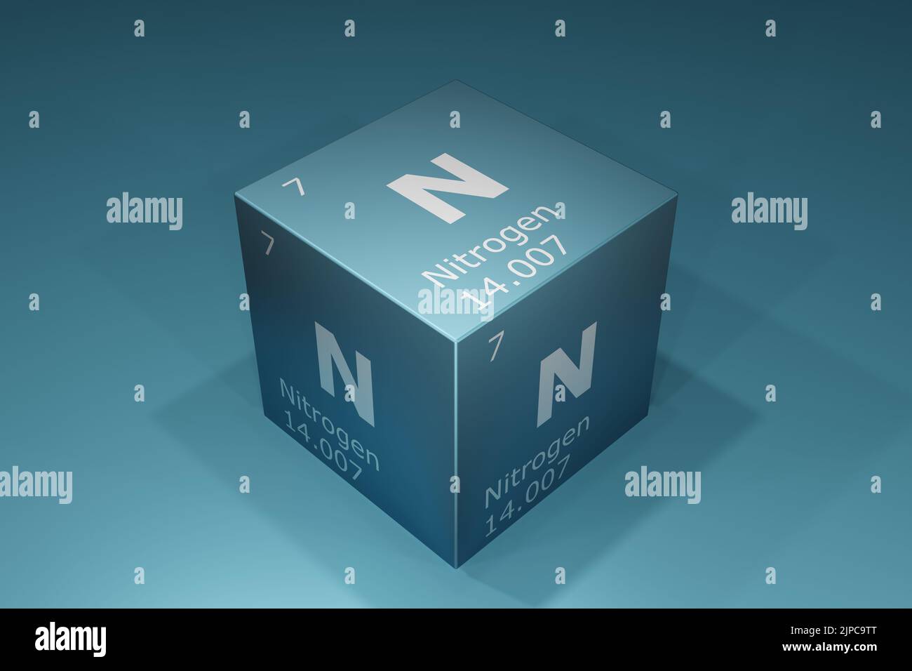 Stickstoff, 3D Darstellung der Symbole der Elemente des Periodensystems, Ordnungszahl, Atomgewicht, Name und Symbol. Bildung, Wissenschaft und Technik Stockfoto