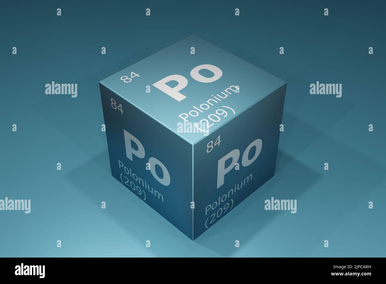 Polonium, 3D Darstellung von Symbolen der Elemente des Periodensystems, Ordnungszahl, Atomgewicht, Name und Symbol. Bildung, Wissenschaft und Technik Stockfoto