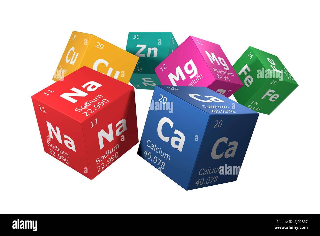 3D Darstellung der Elemente des Periodensystems, Natrium, Kalzium, Zink, Magnesium, Eisen und Kupfer. Bildung, Wissenschaft, Technologie und Ingenieurwesen Stockfoto