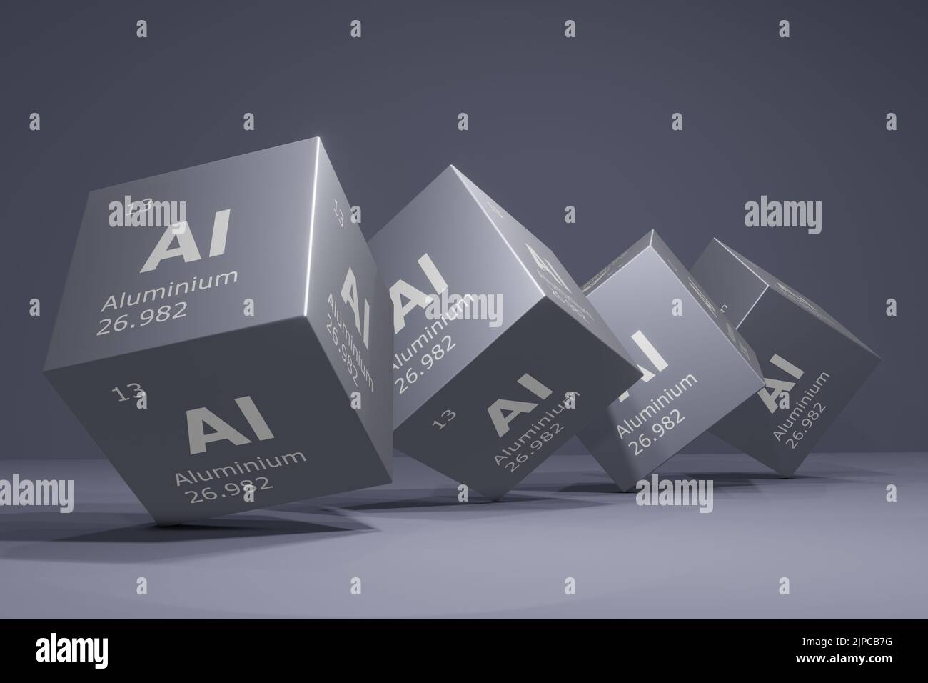 3D Darstellung von Aluminium, chemisches Element des Periodensystems. Bildung, Wissenschaft und Technologie. 3D Abbildung Stockfoto
