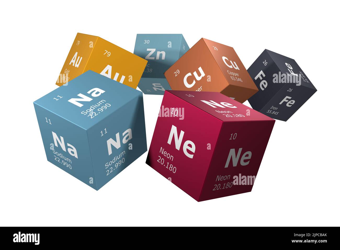 3D Darstellung der Elemente des Periodensystems, Natrium, Neon, Zink, Silber, Eisen und Kupfer. Ausbildung in Bildung, Wissenschaft, Technologie und Motor Stockfoto