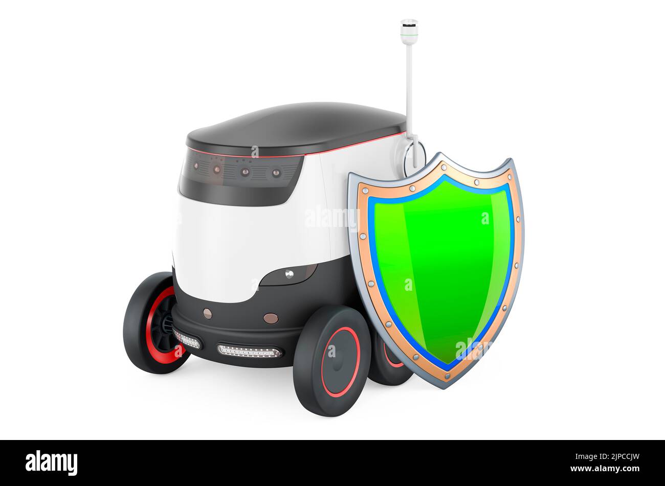 Autonomer Roboter mit Schild, 3D Rendering isoliert auf weißem Hintergrund Stockfoto