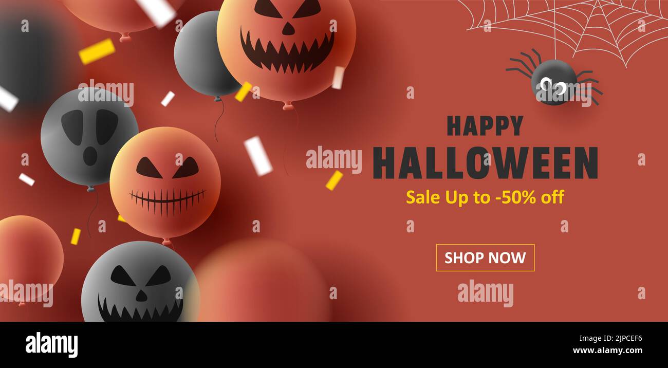 Halloween-Hintergrund-Poster mit gruseligen Gesichtern auf 3D runden Ballons, orange und roten Farben Stock Vektor