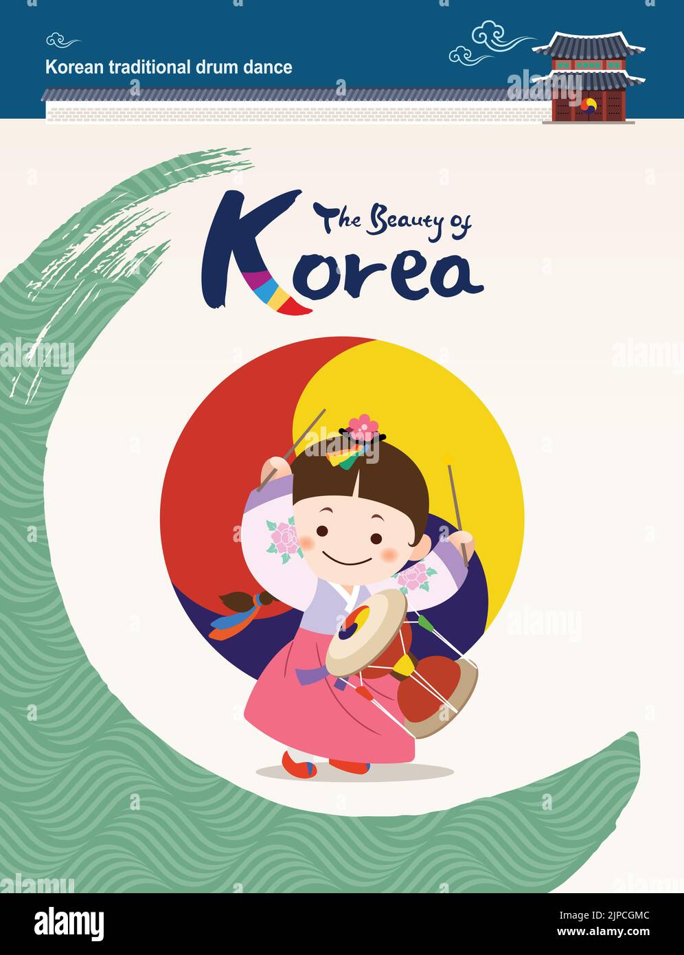 Schöne koreanische traditionelle Kultur. Traditioneller Janggu-Tanz, hanok-Vektor-Illustration. Stock Vektor
