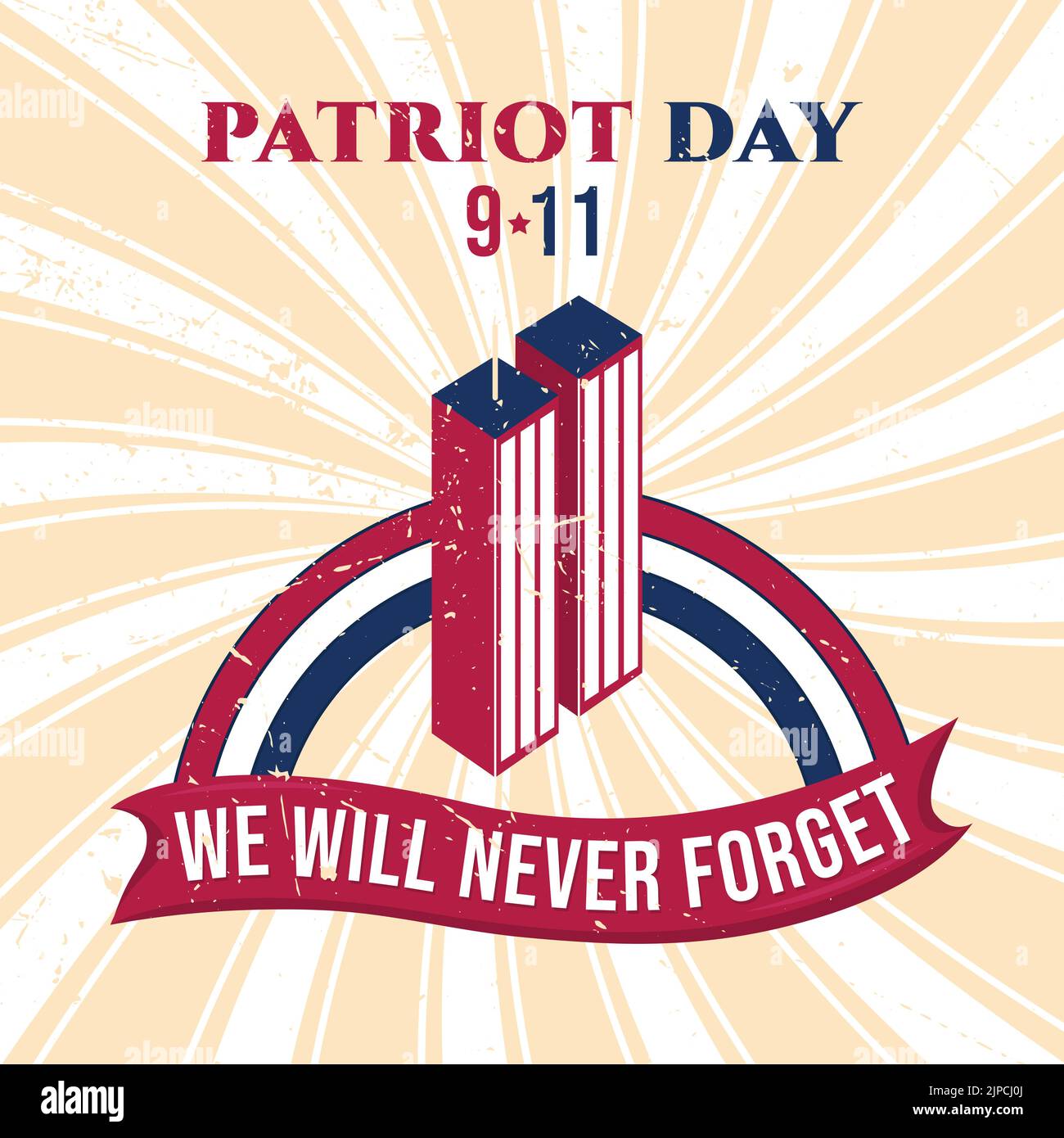Patriot Day 11 September Poster Vektorgrafik. 9 11 USA Abstraktes Retro Sunburst Texturdesign. Wir Werden Es Nie Vergessen. World Trade Center oder Twin Stock Vektor