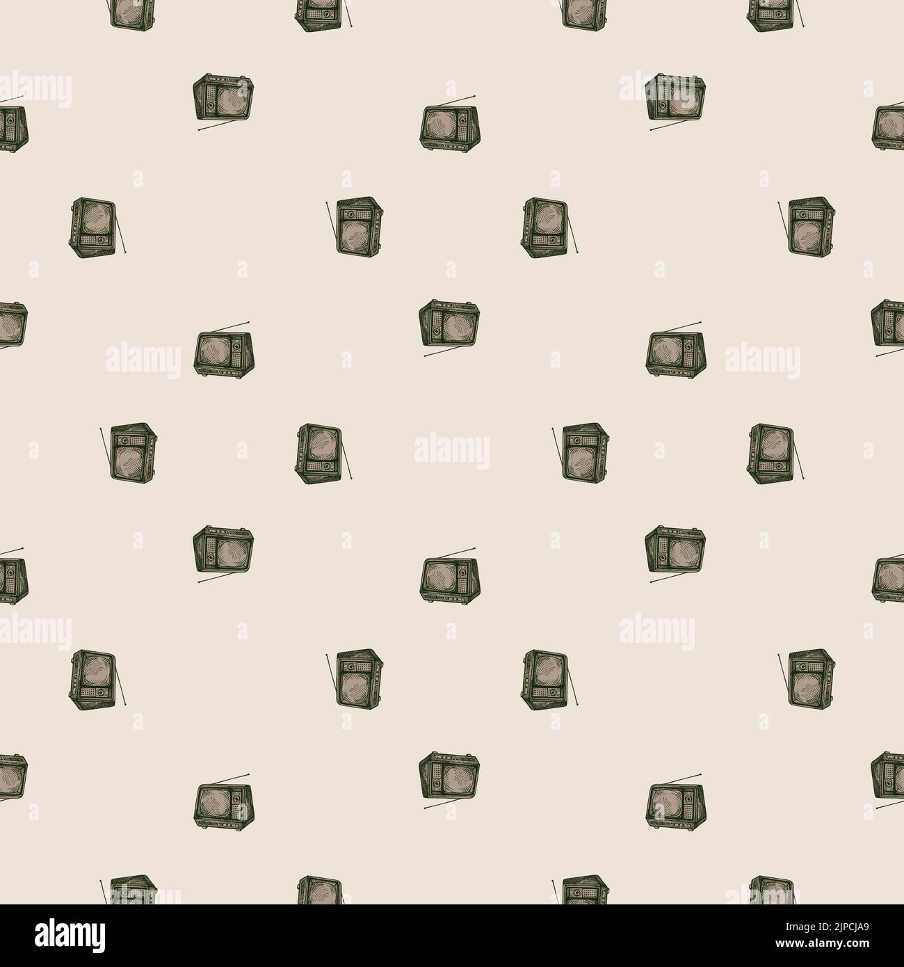 Retro-Fernseher mit gravierten nahtlosen Mustern. Vintage-Fernseher mit Antenne im handgezeichneten Stil. Skizzenstruktur für Stoff, Tapete, Textil, Druck, Titel, Stock Vektor