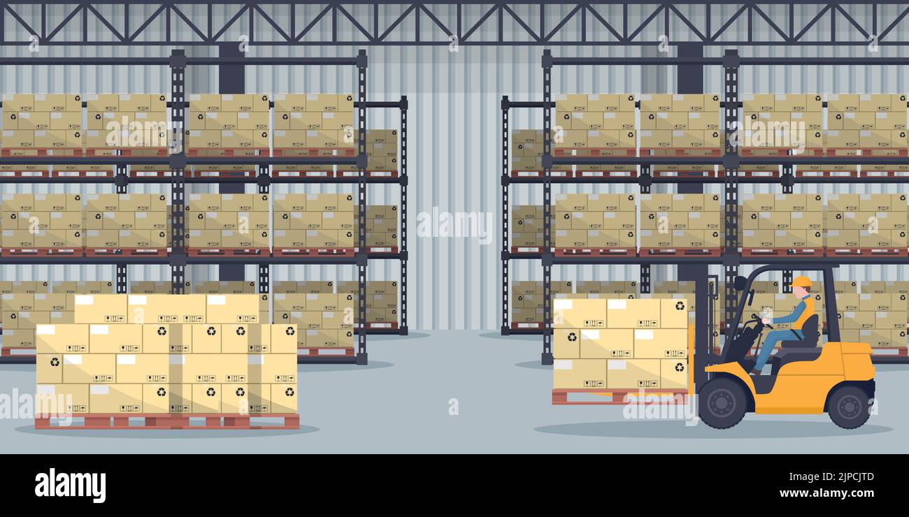 Industrielager für die Lagerprodukte und Regale mit gestapelten Boxen. Arbeiter, der Gabelstapler fährt, um Paletten zu laden. Industrielle Lagerung und Vertrieb Stock Vektor