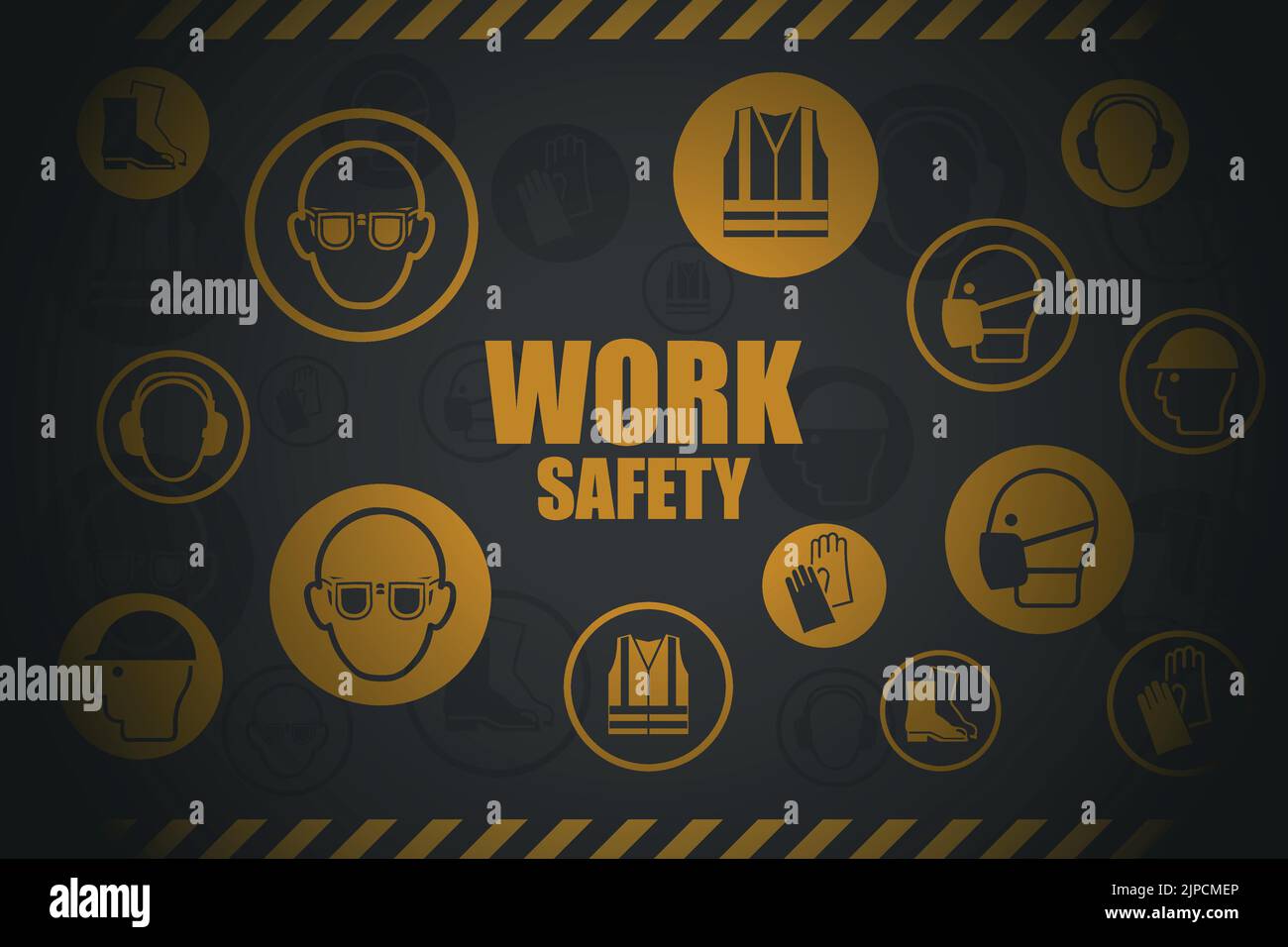 Hintergrund von Symbolen, Piktogrammen zu Arbeitssicherheit und Arbeitsschutz. Persönliche Schutzausrüstung zur Prävention von beruflichen Risiken a Stock Vektor