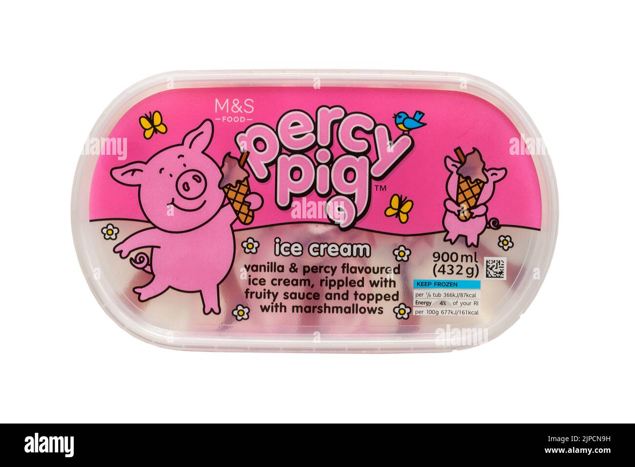 Wanne mit Percy Pig Eis Vanille & percy aromatisierte Eis mit fruchtiger Sauce und gekrönt mit Salmmillchen isoliert auf weißem Hintergrund Stockfoto