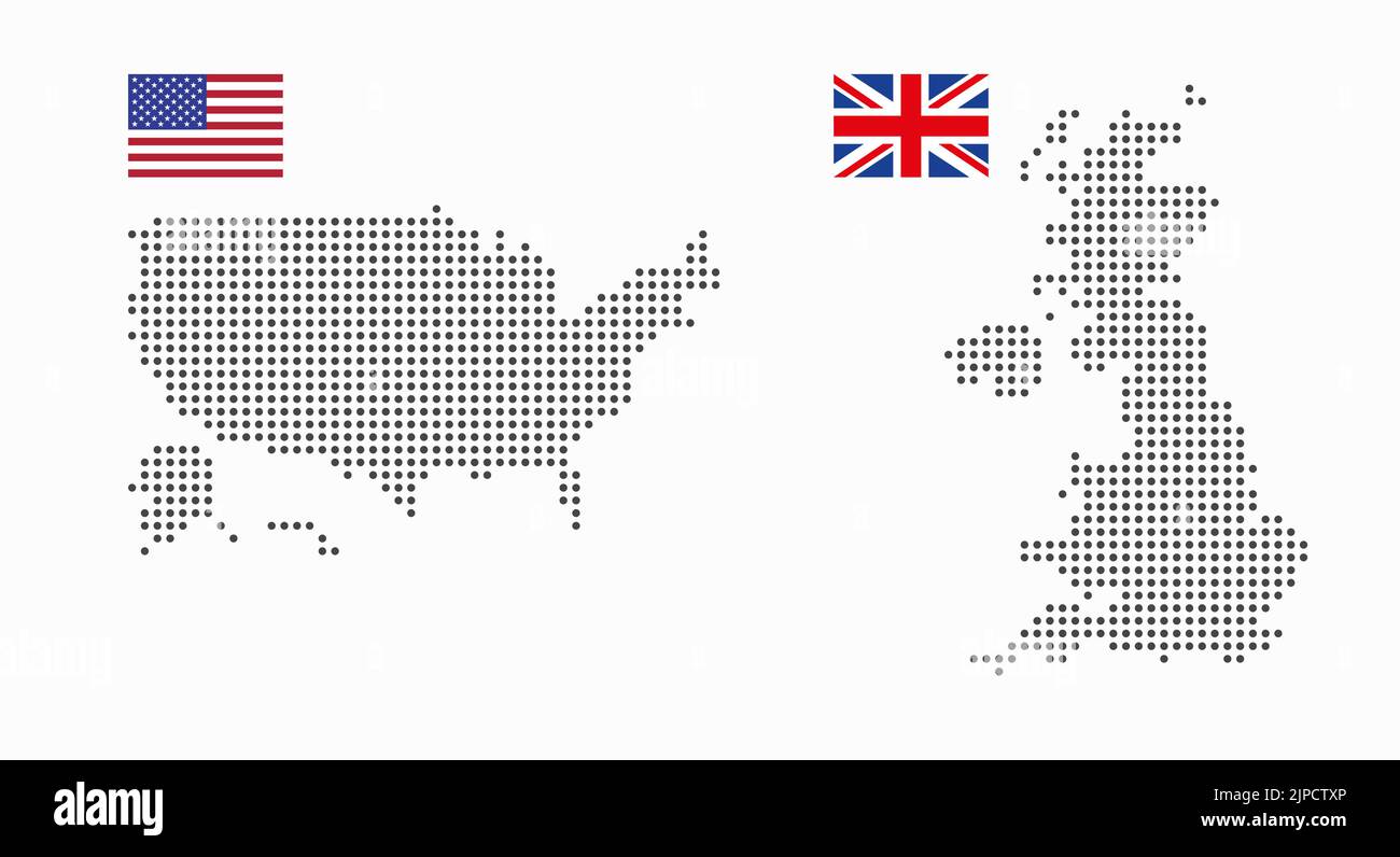 Amerikanische und britische gepunktete Karte mit Flagge. Länder, die an der Gas- und politischen Krise beteiligt sind. Flache Vektorgrafik isoliert auf weißem Hintergrund. Stock Vektor
