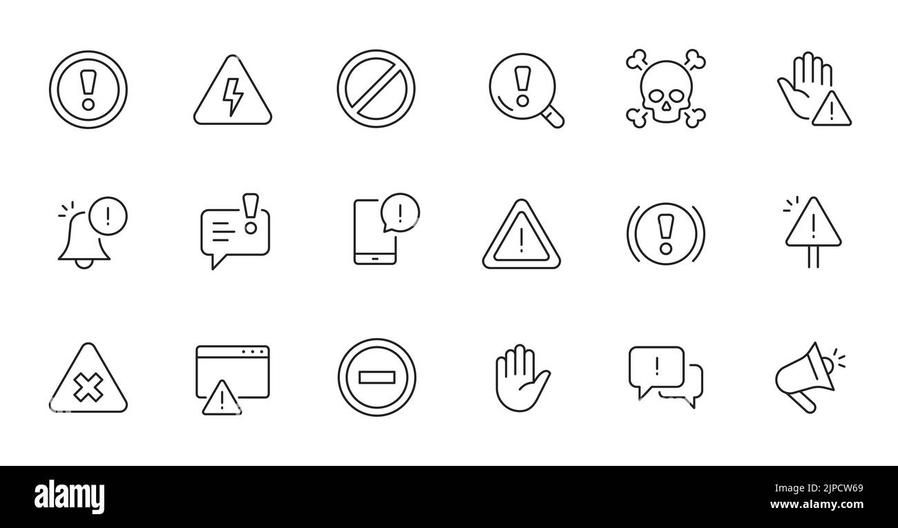 Alarm, Symbol für die Linie des Risikozeichens gesetzt. Achtung, Warnung, Ausrufezeichen dünne bearbeitbare Linienkontursymbol. Alarminformationen, Vektordarstellung für Unfallbenachrichtigungen. Stock Vektor
