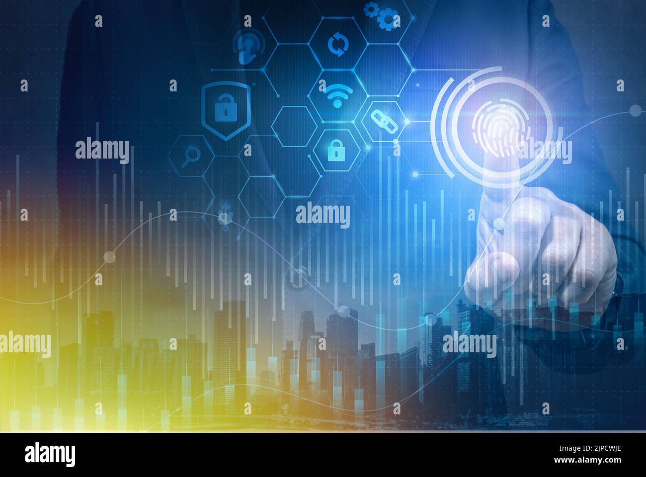 Digitale Sicherheit. Der Mensch erhält Zugang zu persönlichen Informationen von Hologrammen mit Fingerabdruck-Identifikation. Moderne Technologien, Cloud-Datenspeicherung. Busi Stockfoto