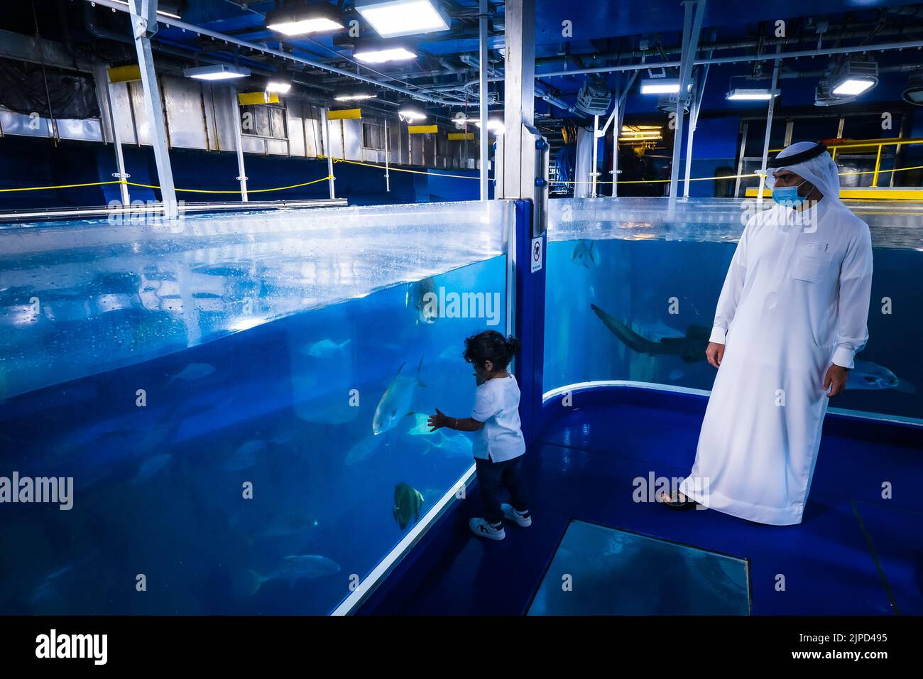 Blick auf einen arabischen Mann in traditioneller Kleidung, der seine Tochter auf der Futterplattform des Unterwasser-Zoos im Dubai Aquarium, VAE, den großen Fisch zeigt Stockfoto