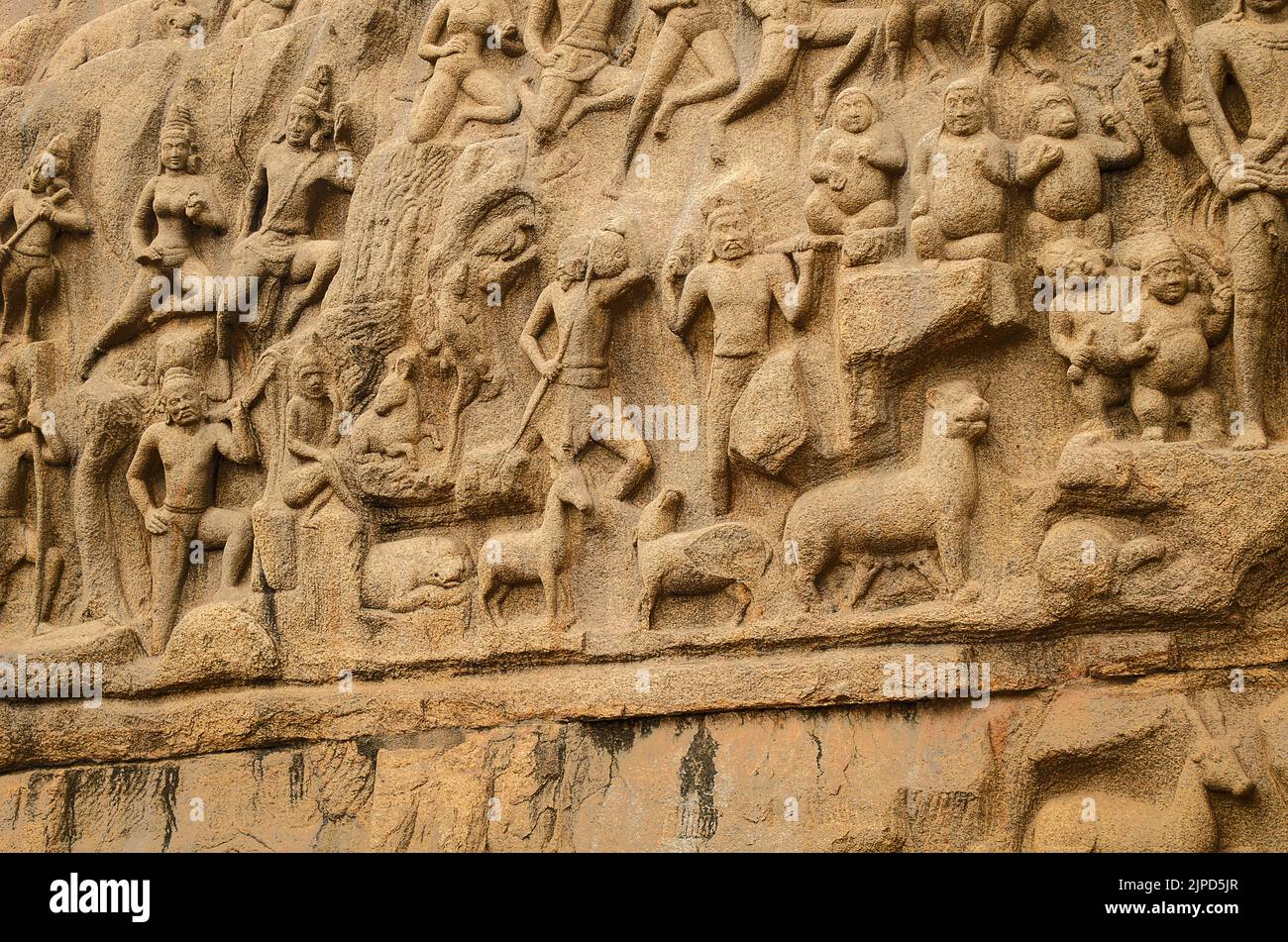 Arjunas Buße ist ein Denkmal in Mahabalipuram, Tamil Nadu, Indien. Geschnitzt auf zwei monolithischen Felsbrocken. Ein UNESCO-Weltkulturerbe, Stockfoto