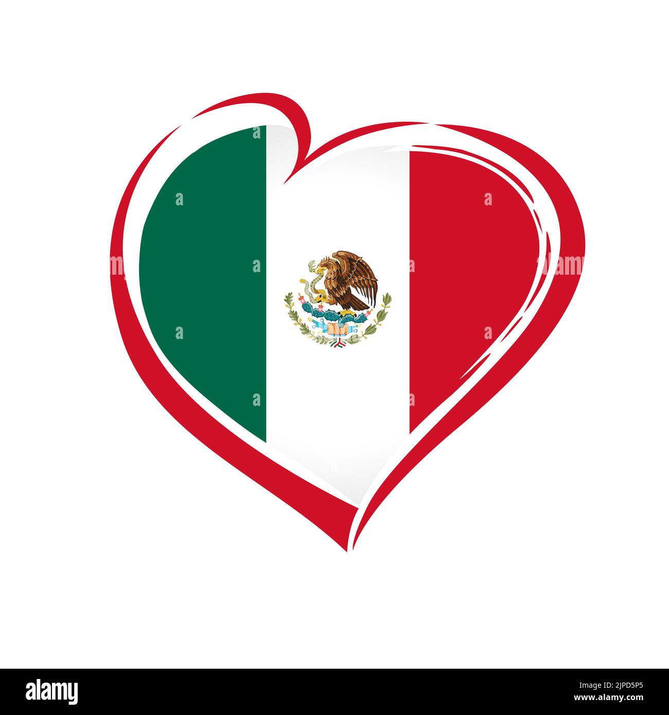 Love Mexico Emblem farbig. Unabhängigkeitstag der Vereinigten Mexikanischen Staaten Vektor-Hintergrund mit rotem Herz in nationalen mexikanischen Flagge Farben Stock Vektor