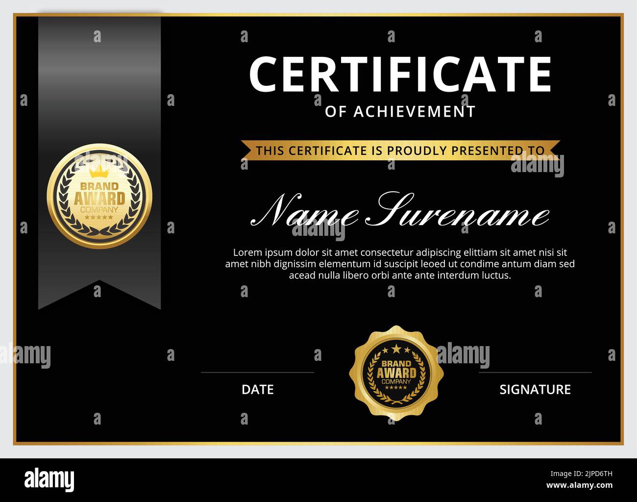 Zertifikat der Anerkennung Vorlage, Gold und schwarz Farbe sauber modernes Zertifikat mit Gold Abzeichen. Vorlage für Zertifikatrahmen mit Luxus Stock Vektor