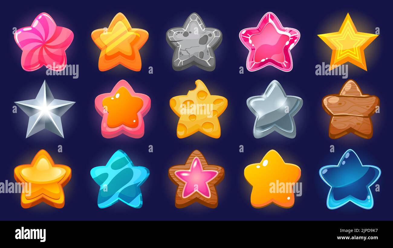 Cartoon-Game-Star. Level auf und gewinnen Bonus UI-Symbol für mobile Spiel und Web-Anwendung, bunte verschiedene Sterne in verschiedenen Formen und Farben. Vektor Stock Vektor