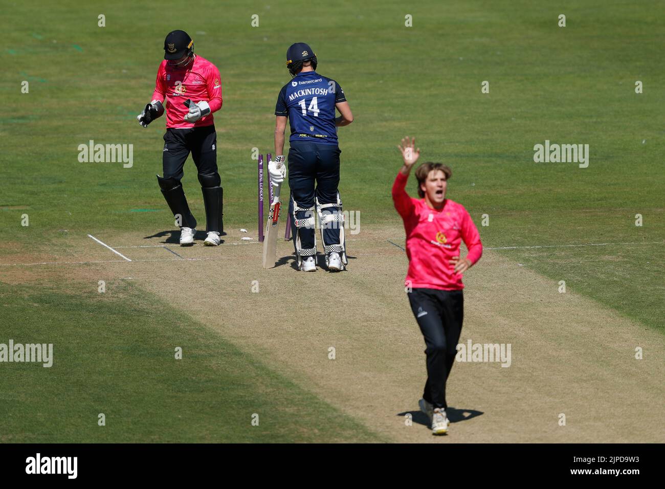 Tom Mackintosh von Durham wird am Mittwoch, den 17.. August 2022, während des Royal London One Day Cup-Spiels zwischen dem Durham County Cricket Club und dem Sussex County Cricket Club im Seat Unique Riverside, Chester le Street, in die Scholle gewogen. (Kredit: Will Matthews | MI News) Kredit: MI News & Sport /Alamy Live News Stockfoto