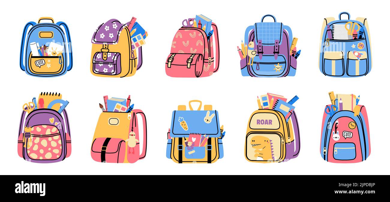 Taschen mit Schulbedarf. Cartoon Grundschulzubehör in bunten Rucksäcken mit Taschen und Reißverschlüssen. Vektor niedlich Grundschulbildung Stock Vektor