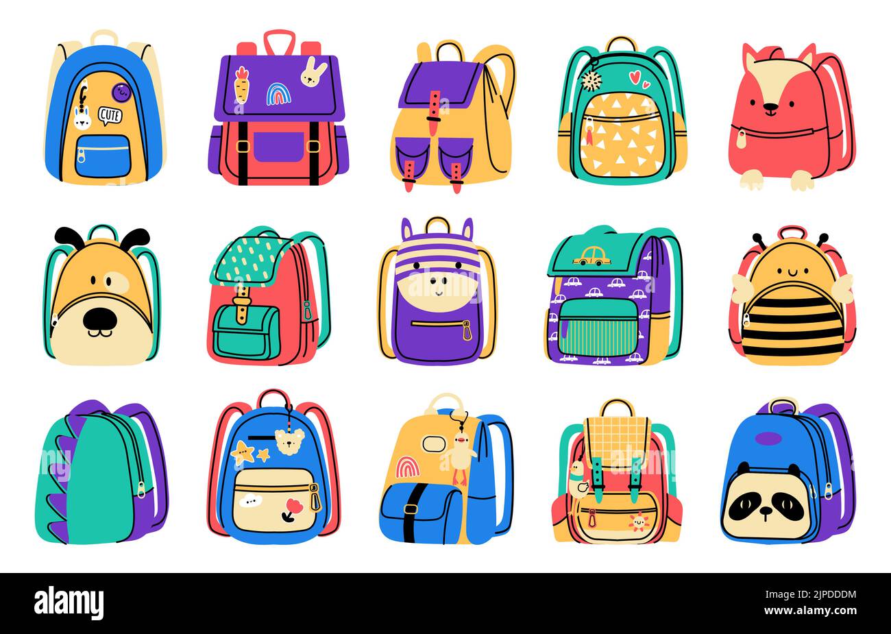 Cartoon-Schultasche. Farbenfroher Rucksack mit Reißverschluss für Schulbedarf und Zubehör, Bildungsausstattung für Schüler. Vector – isolierte Gepäckabholung Stock Vektor