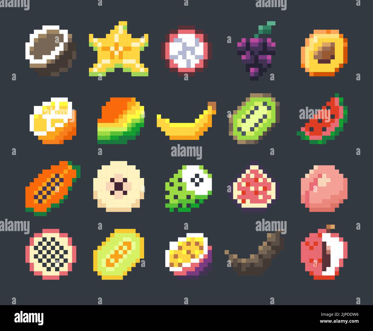 Pixel exotische Früchte. Cartoon stilisierte Frucht-Symbole für 2D Spiel, 8-Bit-Sprite-Grafik-Spiel Asset, Spiel und mobile Anwendungsentwicklung. Vektorset Stock Vektor