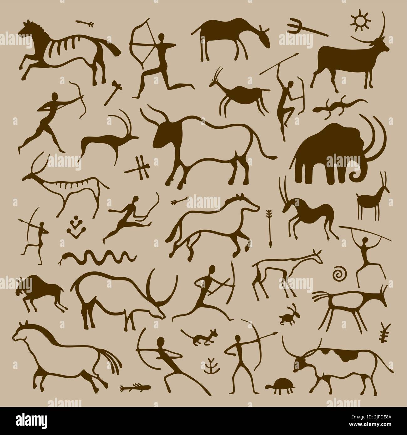 Höhlenkunst. Handgezeichnete primitive antike Symbole prähistorischer Jäger Tiere Pflanzen und Ornamente, Geschichte und Anthropologie Zeichnung. Vektor isoliert Stock Vektor