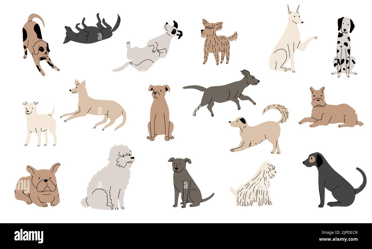 Witzige Skizze des Hundes. Niedliche Hand gezeichnet entzückende Welpen, Linie Hund Figuren spielen sitzend springen, bunte Haustier Tiere. Vektor-isolierte Sammlung Stock Vektor