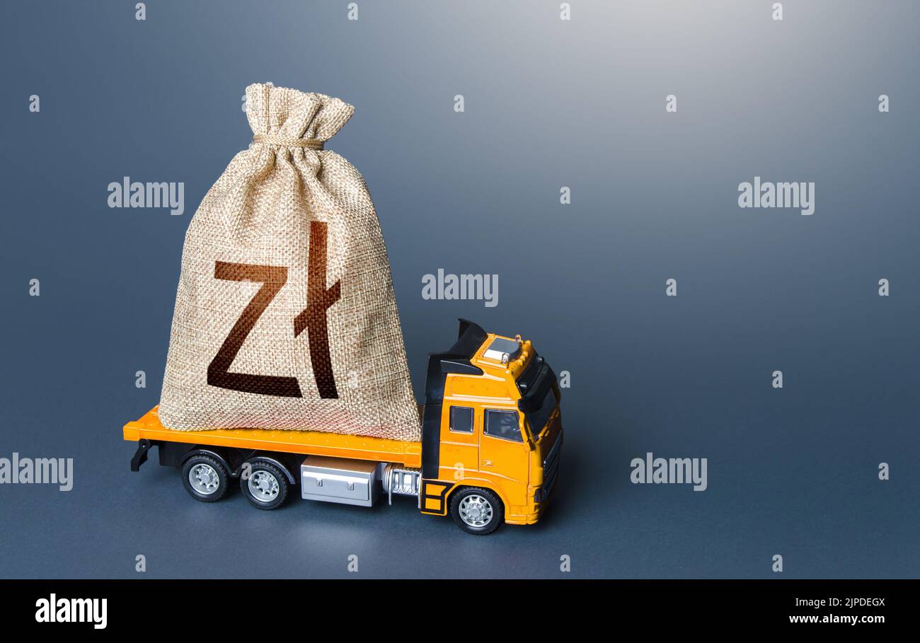 Polnischer Zloty mit Geldbeutel. Kredit oder Kaution. Finanzhilfen, Investitionen und Subventionen. Zahlung von Steuern. Schuldenlast. Bargeldeintreibung. Geldtransfer Stockfoto