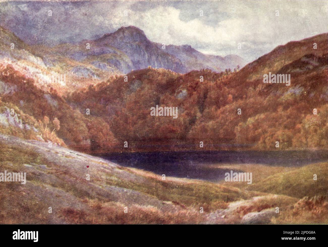 Ben A'an, Ecke von Loch Katrine, Perthshire, gemalt von Sutton Palmer aus dem Buch „Bonnie Scotland“, beschrieben von A. R. Hope Moncrieff, herausgegeben von A & C Black, London. 1912 Stockfoto