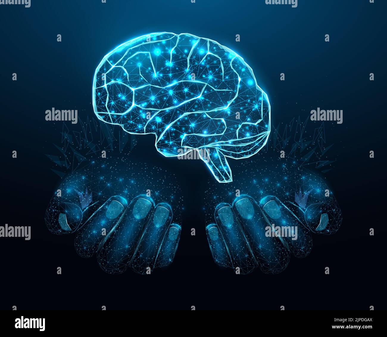 Zwei menschliche Hände sind hält das menschliche Gehirn. Unterstützen Sie ein gesundes Gehirn-Konzept. Drahtmodell glühendes Low-Poly-Design auf dunkelblauem Hintergrund. Abstrakt futuristisch Stock Vektor