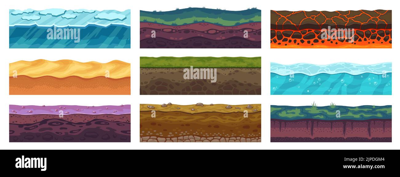 Spielebenerde. Nahtloser Boden aus verschiedenen Texturen und Materialien für Ebene Konstruktion, Felsen Eis Gras Sand biomes Asset. Vektorerde Textur Stock Vektor