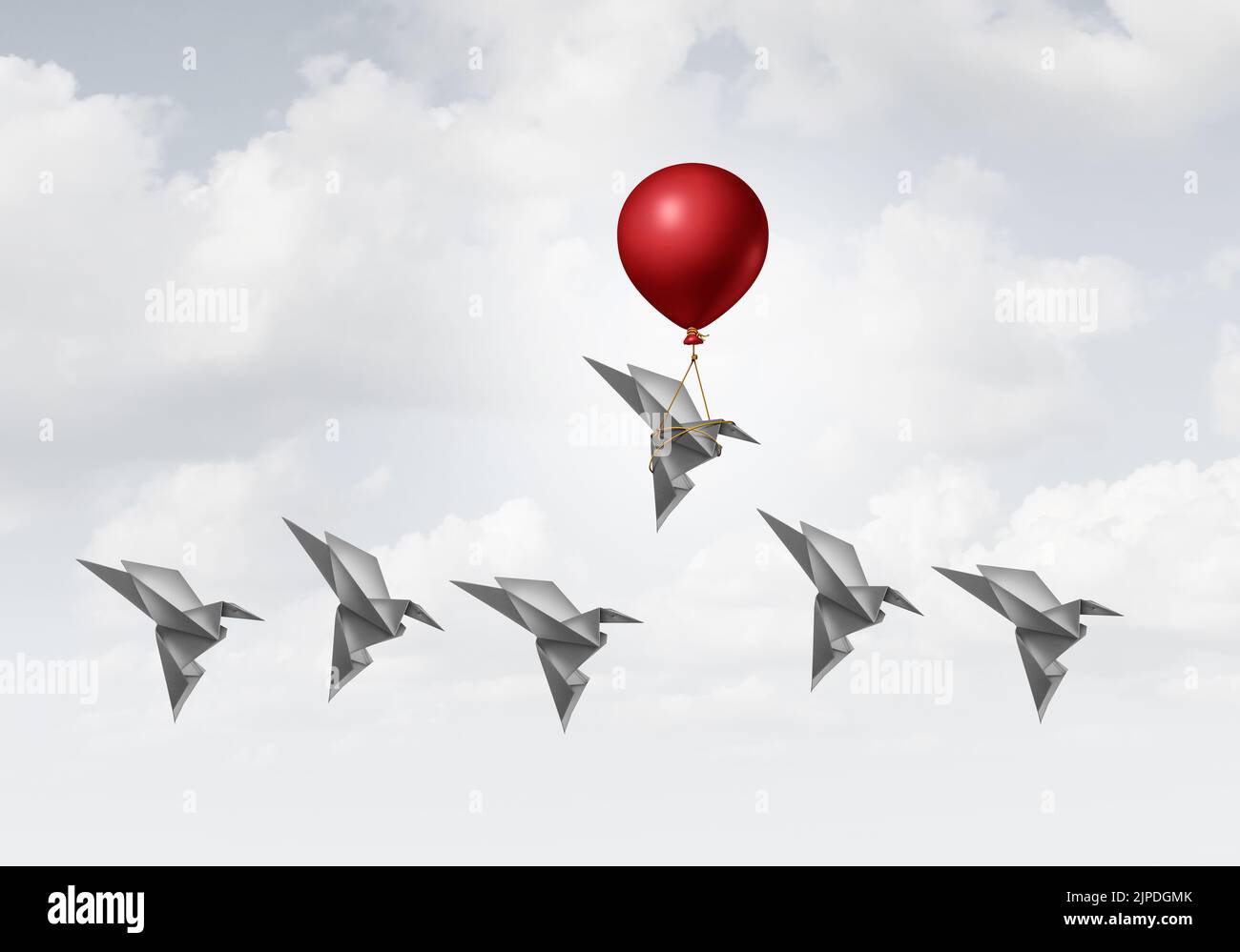 Strategische Führungsvorteil Metapher als Führungskraft mit gewinnenden Tools, um die Konkurrenz als Origami-Vogel zu gewinnen, der mit einem Ballon höher fliegt. Stockfoto