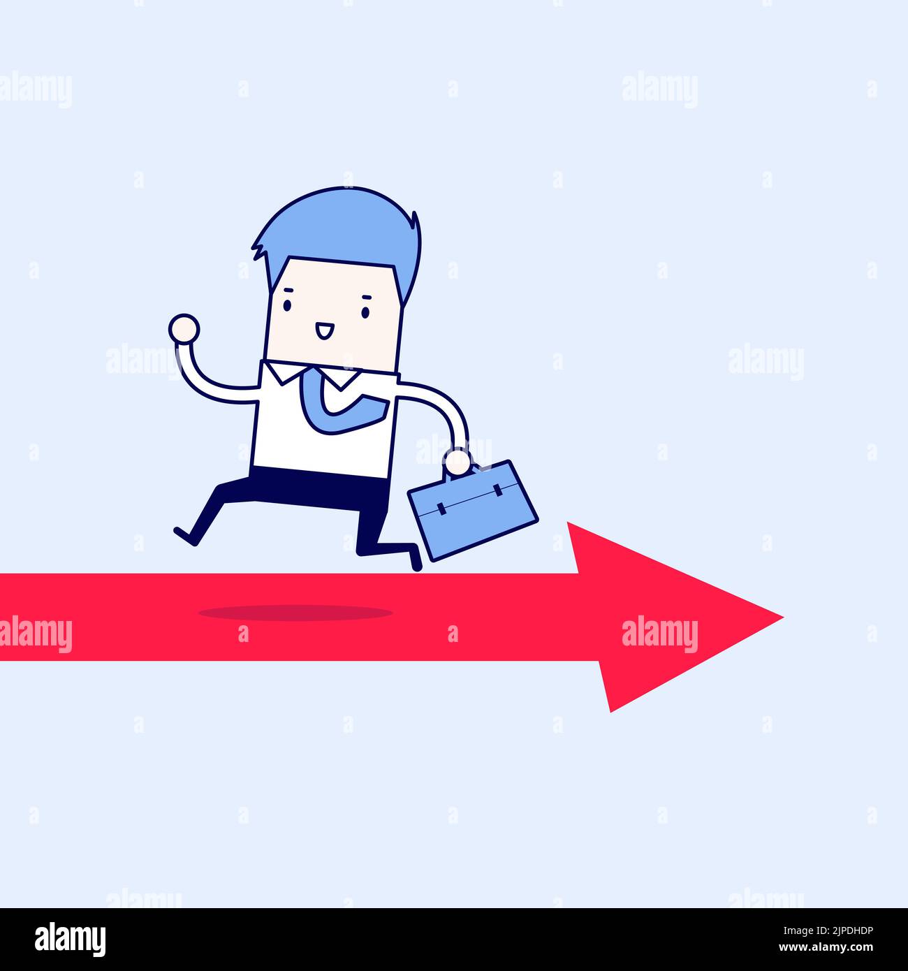 Geschäftsmann läuft gegenüber der Pfeilstraße. Cartoon-Figur dünne Linie Stil Vektor. Stock Vektor