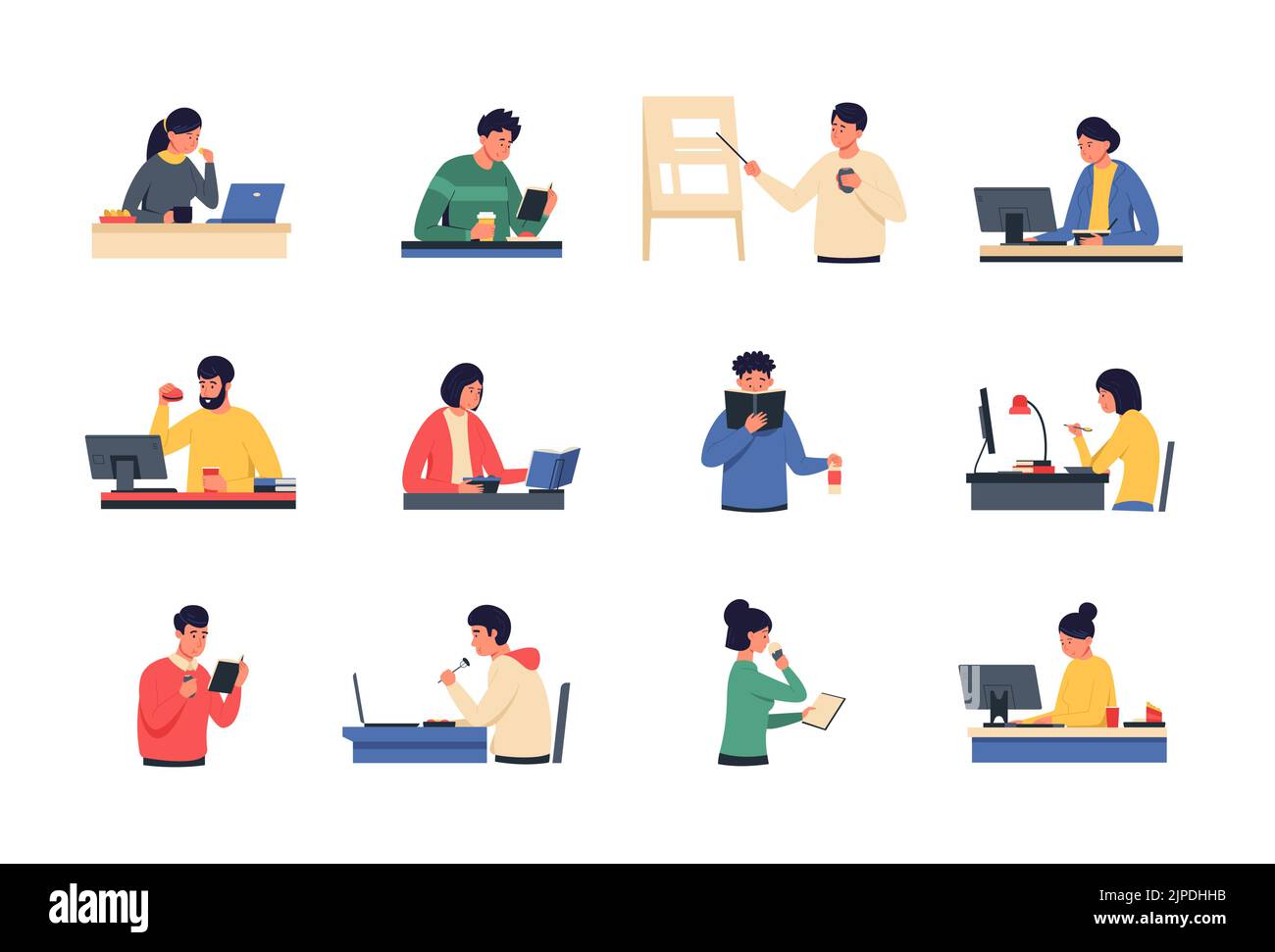 Bürosnack. Cartoon-Männer und -Frauen essen bei der Arbeit vor Laptop und Computer, Büro-Mittagessen und Remote-Arbeit Nachteil. Vektordarstellung von Stock Vektor