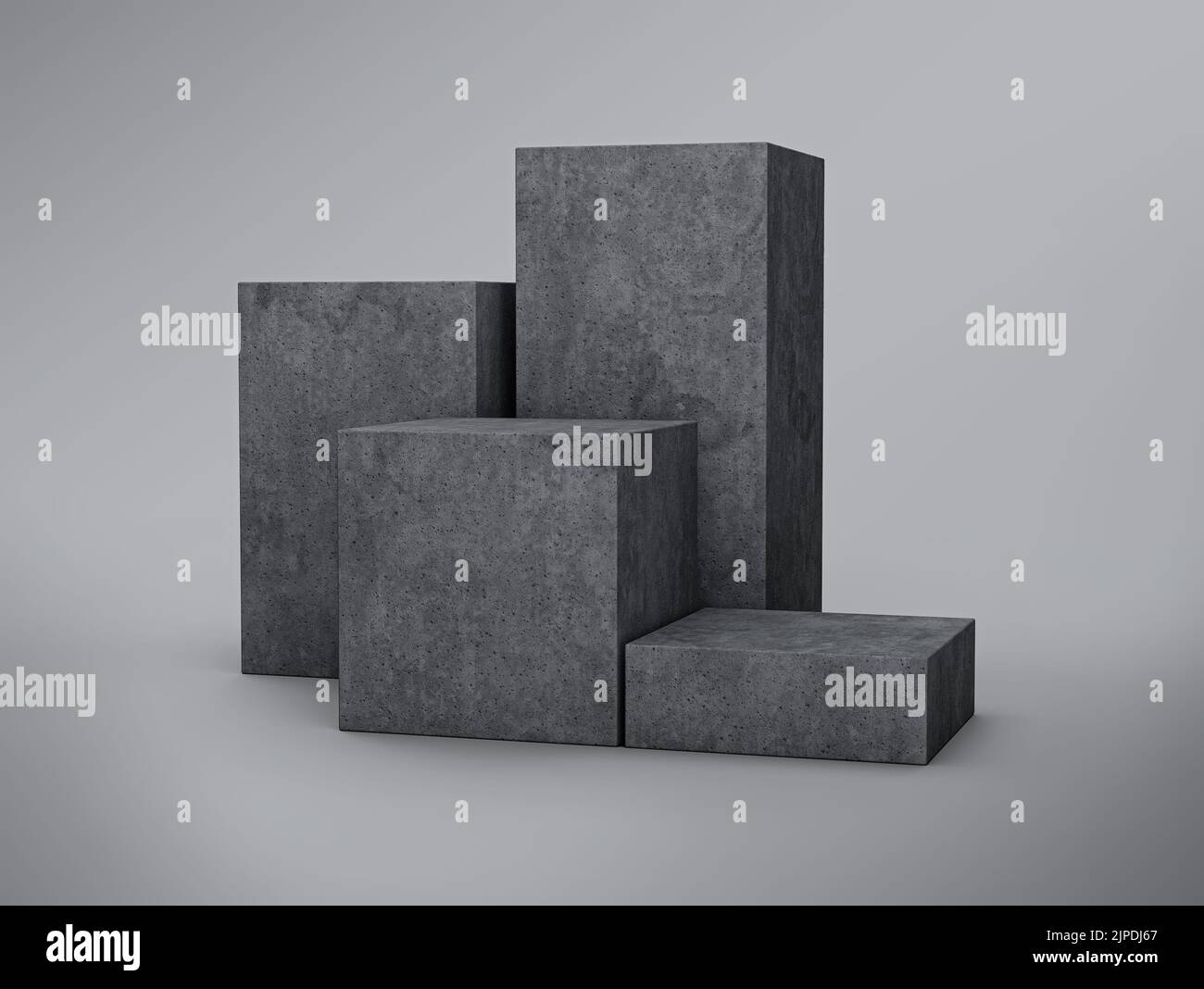 Eine Graustufenaufnahme eines Podests aus grauem Beton in vier Stufen Stockfoto