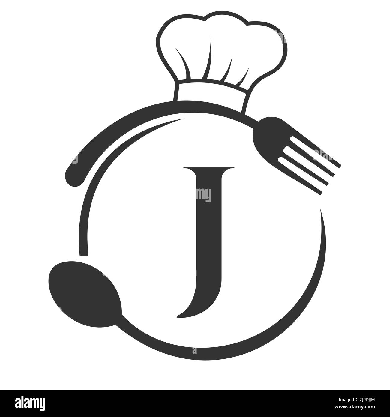 Restaurant Logo auf Buchstabe J Konzept. J-Logo mit Kochmütze, Löffel und Gabel für Restaurant-Logo Stock Vektor