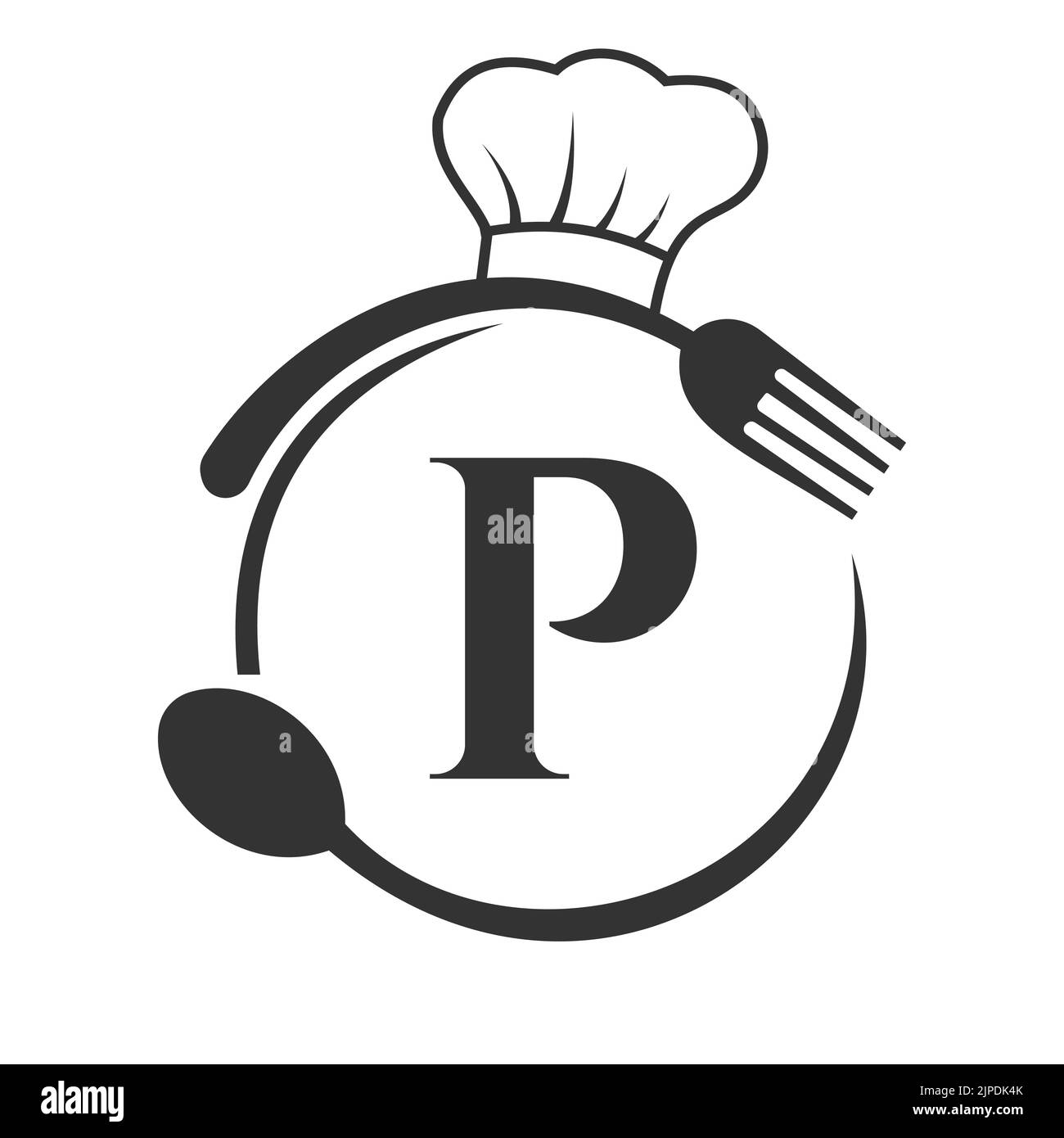 Restaurant-Logo auf Buchstabe P-Konzept. Logo „P“ mit Kochmütze, Löffel und Gabel für das Restaurant Stock Vektor