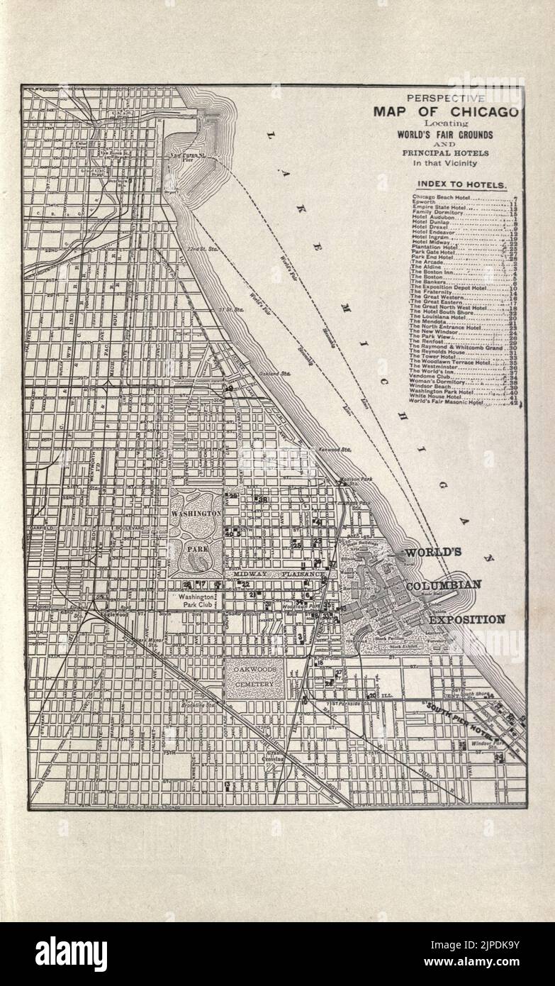 Stadtplan von Chicago 1893 aus dem Reiseführer 'Picturesque Chicago und Führer zur Weltausstellung', veröffentlicht im Jahr 1893 Verlag Lennox Pub. Co Stockfoto